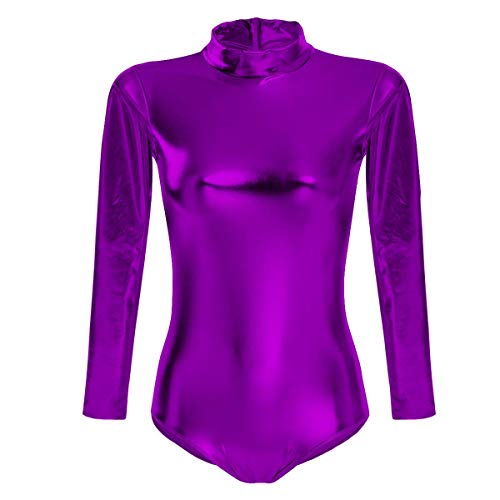 FYMNSI Damen Glänzende Ballettanzug Ballettbody Sport Tanz Body Gymnastikanzug Trikot Langarm Bodysuit Metallic Wetlook Einteiler Turnanzug Leotards Overall Lack Leder Oberteile Top Kostüm Lila 2XL von FYMNSI