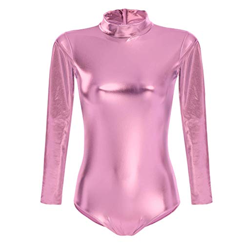 FYMNSI Damen Glänzende Ballettanzug Ballettbody Sport Tanz Body Gymnastikanzug Trikot Langarm Bodysuit Metallic Wetlook Einteiler Turnanzug Leotards Overall Lack Leder Oberteile Top Kostüm Rosa 2XL von FYMNSI