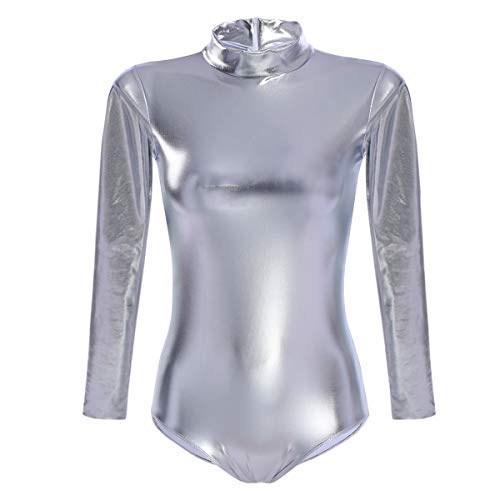 FYMNSI Damen Glänzende Ballettanzug Ballettbody Sport Tanz Body Gymnastikanzug Trikot Langarm Bodysuit Metallic Wetlook Einteiler Turnanzug Leotards Overall Lack Leder Oberteile Top Kostüm Silber 3XL von FYMNSI