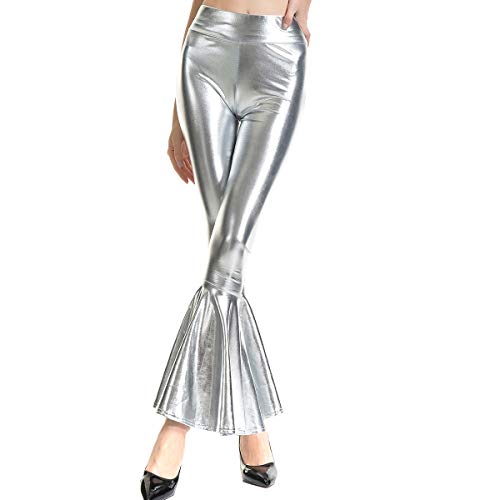 FYMNSI Damen Gl?nzende Schlaghose Trompetenhose Weite Bein Palazzo Lange Hose Hohe Bund Hippie 70er Glitzer Schlanke Leggins Einfarbig Metallic Wetlook Stretch Tanzhosen Disco Clubwear Silber M von FYMNSI