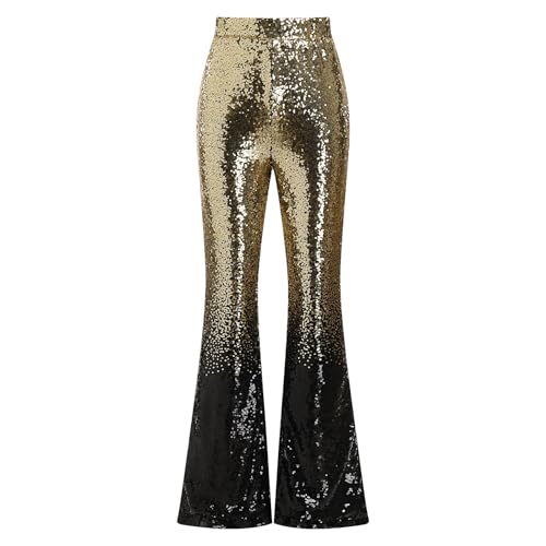 FYMNSI Damen Glitzer Pailletten Schlaghose High Waist Weites Bein Hose Elastische Taille Leggings Hippie 70er 80er Jahre Mottoparty Disco Rave Tanz Outfit Karneval Fasching Halloween Kost�m Gold M von FYMNSI