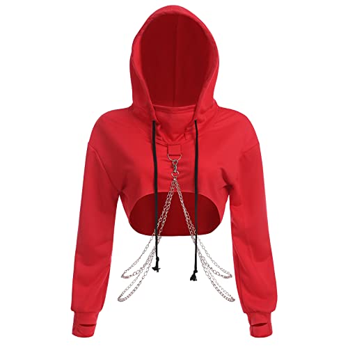 FYMNSI Damen Kapuzen Pullover Crop Top Gotik Punk Cropped Hoodies Sweatshirts Kurz Bauchfrei Kapuzenpullover Strickjacke Hooded mit Metall Kette Rave Festival Hip Hop Langarmshirts Oberteil Rot M von FYMNSI