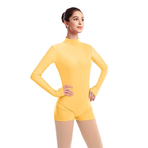 FYMNSI Damen Langarm Ballettanzug Ballettbody Sport Tanz Body Gymnastikanzug Trikot Bodysuit Einteiler Turnanzug Leotards Overall Stehkragen Einfarbig Elegant Bodies Ballett Langarmbody Gelb M von FYMNSI