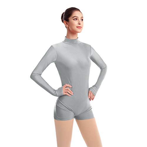 FYMNSI Damen Langarm Ballettanzug Ballettbody Sport Tanz Body Gymnastikanzug Trikot Bodysuit Einteiler Turnanzug Leotards Overall Stehkragen Einfarbig Elegant Bodies Ballett Langarmbody Grau XL von FYMNSI