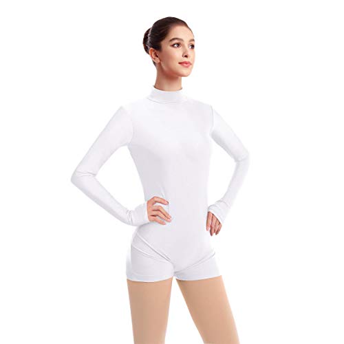 FYMNSI Damen Langarm Ballettanzug Ballettbody Sport Tanz Body Gymnastikanzug Trikot Bodysuit Einteiler Turnanzug Leotards Overall Stehkragen Einfarbig Elegant Bodies Ballett Langarmbody Wei? M von FYMNSI