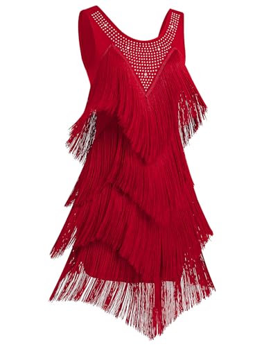 FYMNSI Damen Latein Salsa Tanzkleid Ärmellos Fransenkleid Strass Quaste 1920er Jahre Flapper Kleid Cocktailkleid Ballroom Ballkleid Abendkleid Tanzkleidung Rot M von FYMNSI