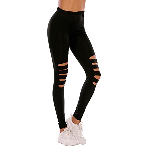 FYMNSI Damen Leggings Stretch Strumpfhose Leggins Zerrissen Lange Hosen Dünne Dehnbar Schlank Schrift Risse Destroyed Look Hüfthose Hohe Taille Yoga Lauf Fitness Freizeit Röhren Hose Schwarz L von FYMNSI