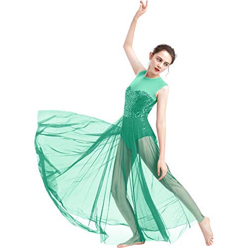 FYMNSI Damen Lyrisch Tanz Kleid Ärmellos Pailletten Schlitz Tüll Maxikleid Lyrische Modern Contemporary Tanzkostüm Trikot Latein Ballett Tüllkleider Ballettanzug Grün XS von FYMNSI