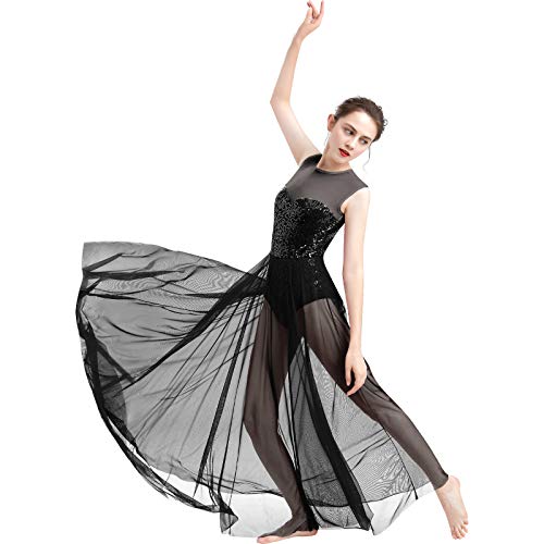 FYMNSI Damen Lyrisch Tanz Kleid Ärmellos Pailletten Schlitz Tüll Maxikleid Lyrische Modern Contemporary Tanzkostüm Trikot Latein Ballett Tüllkleider Ballettanzug Schwarz XS von FYMNSI