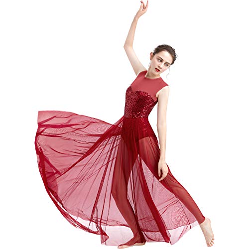 FYMNSI Damen Lyrisch Tanz Kleid Ärmellos Pailletten Schlitz Tüll Maxikleid Lyrische Modern Contemporary Tanzkostüm Trikot Latein Ballett Tüllkleider Ballettanzug Weinrot S von FYMNSI