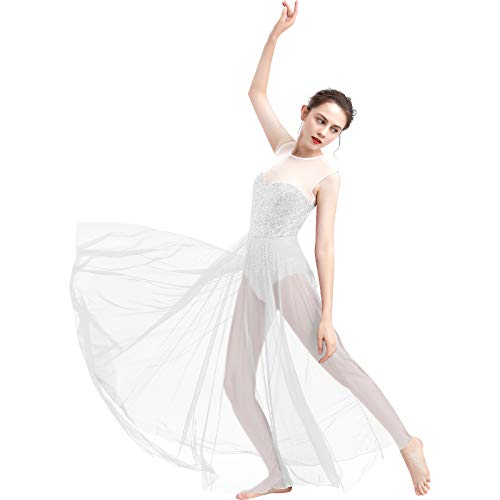 FYMNSI Damen Lyrisch Tanz Kleid Ärmellos Pailletten Schlitz Tüll Maxikleid Lyrische Modern Contemporary Tanzkostüm Trikot Latein Ballett Tüllkleider Ballettanzug Weiß L von FYMNSI