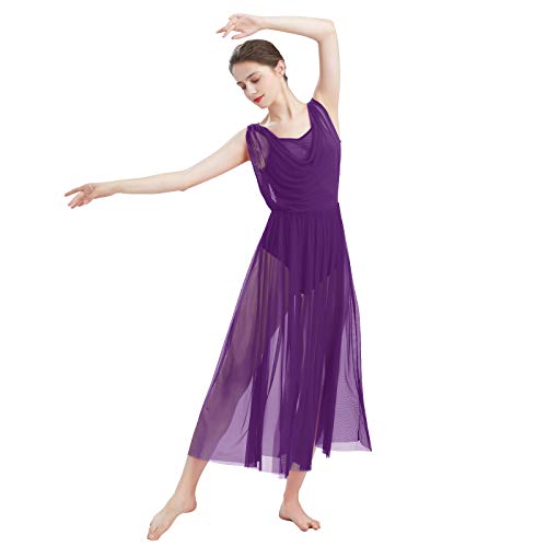 FYMNSI Damen Lyrisch Tanz Kleid Ärmellos Rückenfrei Schlitz Tüll Maxikleid Lyrische Modern Contemporary Tanzkostüm Trikot Latein Ballett Tüllkleider Ballettanzug Lila XL von FYMNSI