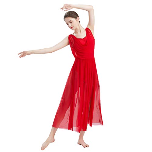 FYMNSI Damen Lyrisch Tanz Kleid Ärmellos Rückenfrei Schlitz Tüll Maxikleid Lyrische Modern Contemporary Tanzkostüm Trikot Latein Ballett Tüllkleider Ballettanzug Rot M von FYMNSI