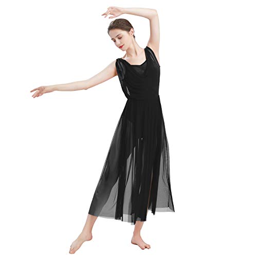 FYMNSI Damen Lyrisch Tanz Kleid Ärmellos Rückenfrei Schlitz Tüll Maxikleid Lyrische Modern Contemporary Tanzkostüm Trikot Latein Ballett Tüllkleider Ballettanzug Schwarz L von FYMNSI