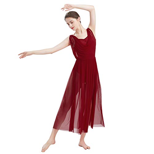 FYMNSI Damen Lyrisch Tanz Kleid Ärmellos Rückenfrei Schlitz Tüll Maxikleid Lyrische Modern Contemporary Tanzkostüm Trikot Latein Ballett Tüllkleider Ballettanzug Weinrot L von FYMNSI