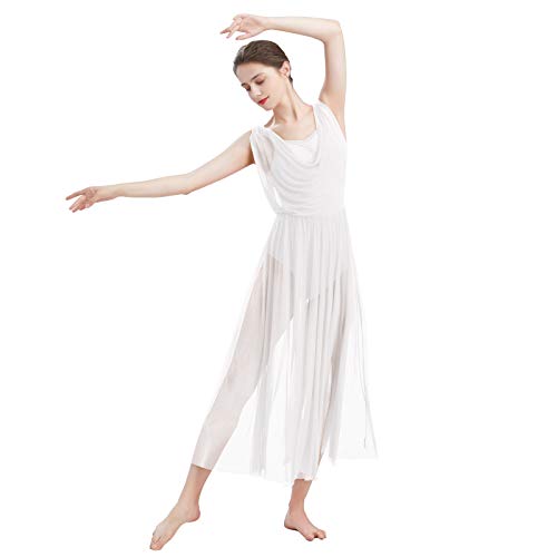 FYMNSI Damen Lyrisch Tanz Kleid Ärmellos Rückenfrei Schlitz Tüll Maxikleid Lyrische Modern Contemporary Tanzkostüm Trikot Latein Ballett Tüllkleider Ballettanzug Weiß L von FYMNSI