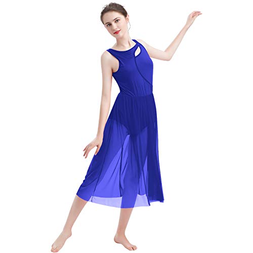 FYMNSI Damen Lyrisch Tanz Kleid Ärmellos Tüll Maxikleid Lyrische Modern Contemporary Tanzkostüm Trikot Latein Ballett Tüllkleider Ballettanzug Bühnenanzug Tanzkleidung Königsblau S von FYMNSI