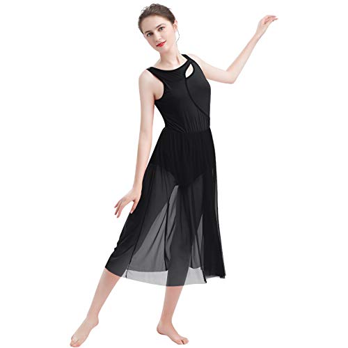 FYMNSI Damen Lyrisch Tanz Kleid Ärmellos Tüll Maxikleid Lyrische Modern Contemporary Tanzkostüm Trikot Latein Ballett Tüllkleider Ballettanzug Bühnenanzug Tanzkleidung Schwarz M von FYMNSI