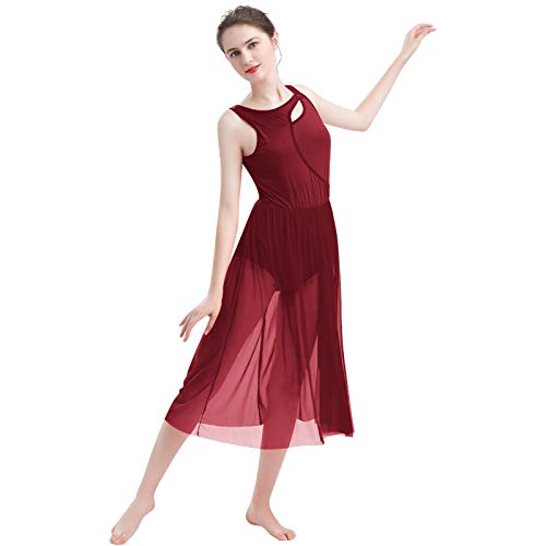 FYMNSI Damen Lyrisch Tanz Kleid Ärmellos Tüll Maxikleid Lyrische Modern Contemporary Tanzkostüm Trikot Latein Ballett Tüllkleider Ballettanzug Bühnenanzug Tanzkleidung Weinrot M von FYMNSI