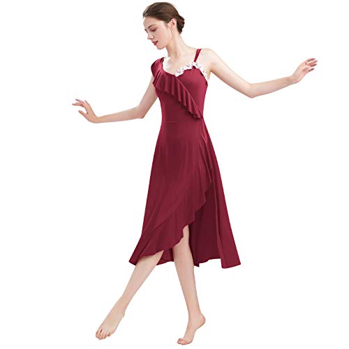 FYMNSI Damen Lyrisch Tanz Kleid Elegant Volant Lyrische Modern Contemporary Tanzkostüm Blumen Applikationen Träger Maxikleid Trikot Latein Ballettkleid Ballettanzug Bühnenanzug Tanzkleidung Weinrot S von FYMNSI