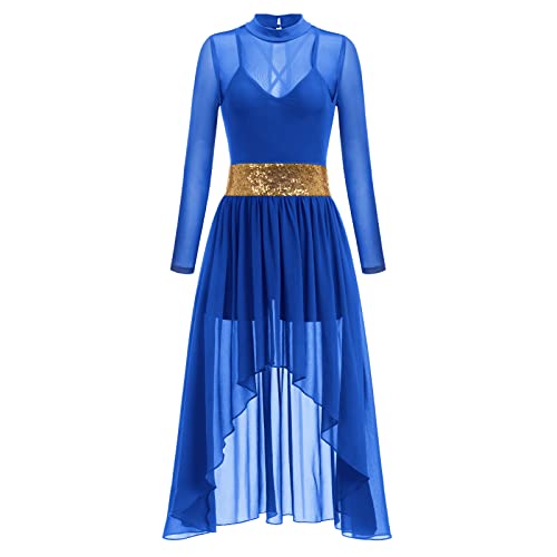 FYMNSI Damen Lyrisch Tanzkleid Ballettkleid Langarm Maxikleid High Low Tüll Langes Trikotkleid Modern Contemporary Tanzkostüme Latein Rumba Tango Ballsaal Turnanzug Bühnenanzug Kostüm Königsblau XL von FYMNSI