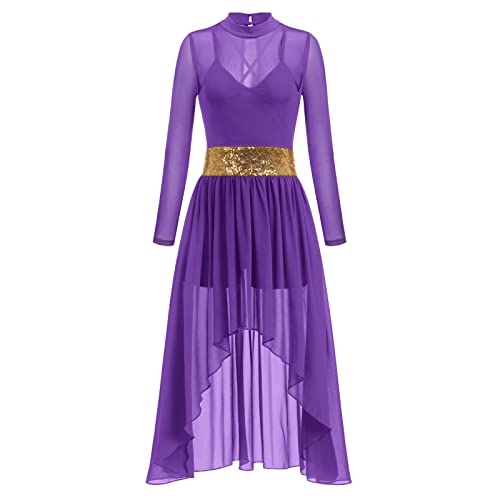 FYMNSI Damen Lyrisch Tanzkleid Ballettkleid Langarm Maxikleid High Low Tüll Langes Trikotkleid Modern Contemporary Tanzkostüme Latein Rumba Tango Ballsaal Turnanzug Bühnenanzug Kostüm Lila S von FYMNSI