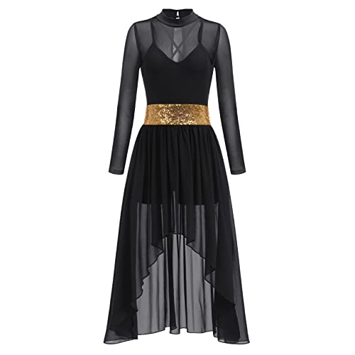 FYMNSI Damen Lyrisch Tanzkleid Ballettkleid Langarm Maxikleid High Low Tüll Langes Trikotkleid Modern Contemporary Tanzkostüme Latein Rumba Tango Ballsaal Turnanzug Bühnenanzug Kostüm Schwarz L von FYMNSI