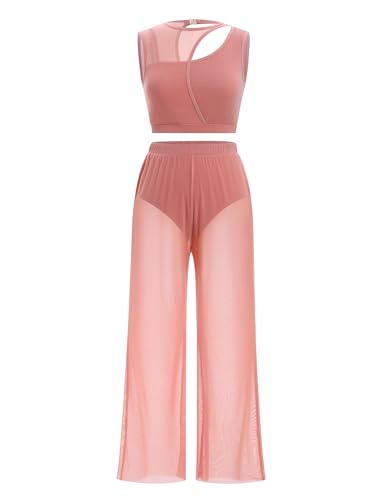 FYMNSI Damen Lyrische Tanzkostüme Moderne Zeitgenössischkeit Tanzbekleidung Ballett Outfit Ausschneiden Ärmellos Bauchfrei Tops mit weitem Bein Hose Set Jumpsuit für Tanz Bühne Yoga Rosa XS von FYMNSI