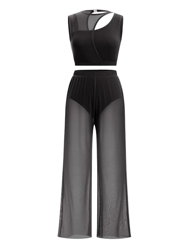 FYMNSI Damen Lyrische Tanzkostüme Moderne Zeitgenössischkeit Tanzbekleidung Ballett Outfit Ausschneiden Ärmellos Bauchfrei Tops mit weitem Bein Hose Set Jumpsuit für Tanz Bühne Yoga Schwarz M von FYMNSI