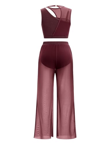 FYMNSI Damen Lyrische Tanzkostüme Moderne Zeitgenössischkeit Tanzbekleidung Ballett Outfit Ausschneiden Ärmellos Bauchfrei Tops mit weitem Bein Hose Set Jumpsuit für Tanz Bühne Yoga Weinrot L von FYMNSI