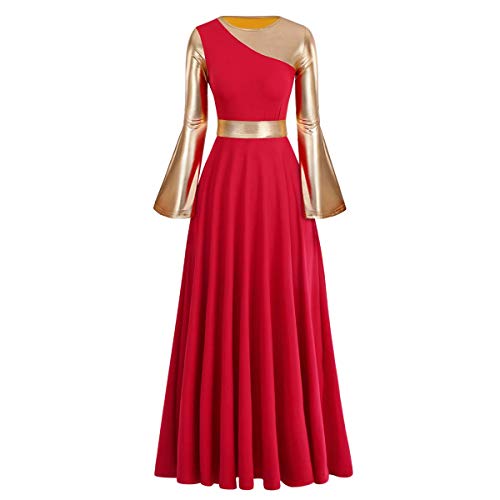 FYMNSI Damen Maxikleid Liturgisch Lob Tanzkleid Ballkleid Langarm Partykleid Tanzkleidung Glänzend Metallic Glockenärmel Freizeitkleid Walzer Tango Ballettkleid Swing Langes Cocktailkleid Rot M von FYMNSI