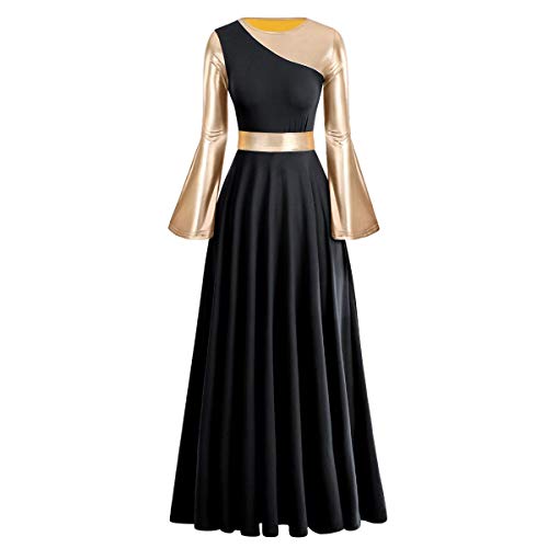 FYMNSI Damen Maxikleid Liturgisch Lob Tanzkleid Ballkleid Langarm Partykleid Tanzkleidung Glänzend Metallic Glockenärmel Freizeitkleid Walzer Tango Ballettkleid Swing Langes Cocktailkleid Schwarz M von FYMNSI