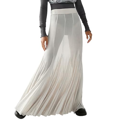 FYMNSI Damen Mesh Rock Festival Durchsichtiger Hohe Taille Strand Maxirock Netz Transparentes R�cke Elastischer Strandrock T�llrock Sommerrock Tanz Rave Outfit Techno Party Clubwear Karneval Wei� S von FYMNSI