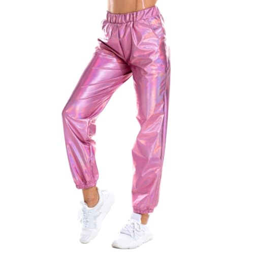 FYMNSI Damen Metallic Gl�nzed Hose Silver Outfit Elastischer Bund Sporthose Locker Holographische Sweathose Jogginghose Hologram Laser Disco Clubwear Hip Hop Hosen Jogger Sweatpants Rosa Bunt S von FYMNSI