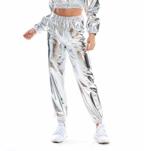 FYMNSI Damen Metallic Gl�nzed Hose Silver Outfit Elastischer Bund Sporthose Locker Holographische Sweathose Jogginghose Hologram Laser Disco Clubwear Hip Hop Hosen Jogger Sweatpants Wei� Silber S von FYMNSI