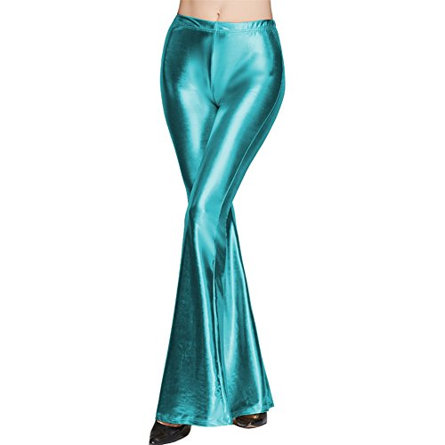 FYMNSI Damen Metallic Glänz Schlaghose Weite Bein Palazzo Hosen Hoher Bund Boot Cut Glitzer Lange Hose Schlanke Leggins Einfarbig Wet Look Stretch Leggings Tanzhosen Party Disco Clubwear Blauer See L von FYMNSI