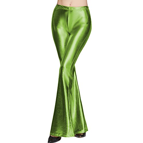 FYMNSI Damen Metallic Glänz Schlaghose Weite Bein Palazzo Hosen Hoher Bund Boot Cut Glitzer Lange Hose Schlanke Leggins Einfarbig Wet Look Stretch Leggings Tanzhosen Party Disco Clubwear Grün L von FYMNSI