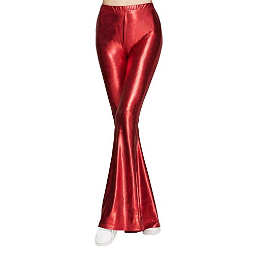 FYMNSI Damen Metallic Glänz Schlaghose Weite Bein Palazzo Hosen Hoher Bund Boot Cut Glitzer Lange Hose Schlanke Leggins Einfarbig Wet Look Stretch Leggings Tanzhosen Party Disco Clubwear Rot L von FYMNSI