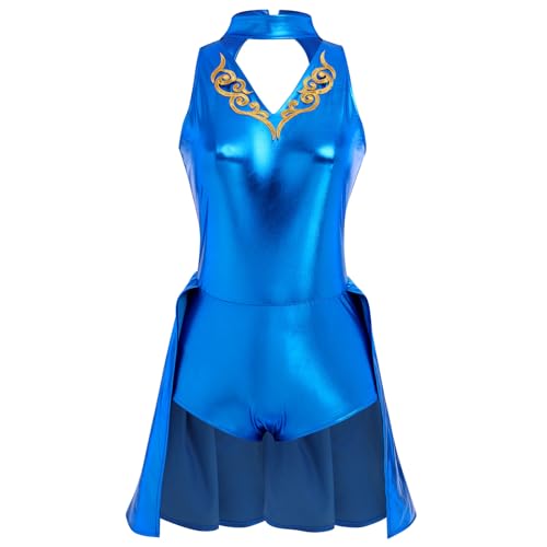 FYMNSI Damen Metallic Glänzend Ballett Tanzanzug Trapezkünstler Tanzkostüm Zirkus Akrobat Jumpsuit Ärmellos Neckholder Bodykleid Tanzbody Halloween Karneval Fasching Kostüm Tanzkleid Königsblau M von FYMNSI