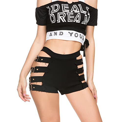 FYMNSI Damen Mini Shorts Sommer Kurze Hose Mode Hotpants Shorts Stretch Hosen Mittlere Taille Boyfriend Push Up Aushöhlen Sportleggins Unterhose Rave Tanz Lässige Gogo Clubwear Schwarz A XXL von FYMNSI
