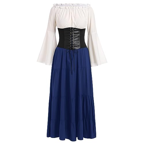 FYMNSI Damen Mittelalter Kleid Gothic Retro Trompeten?rmel Partykleid Renaissance Cosplay Mittelalterliches Kost?m Viktorianischen K?nigin Kleid Langes Abendkleid f?r Halloween Karneval Dunkelblau 3XL von FYMNSI