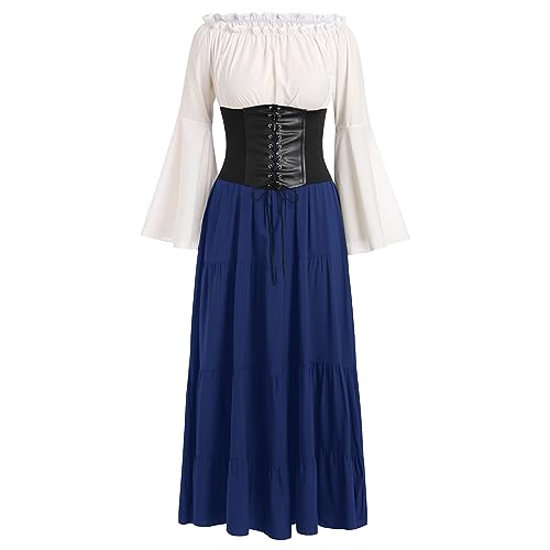 FYMNSI Damen Mittelalter Kleid Gothic Retro Trompeten?rmel Partykleid Renaissance Cosplay Mittelalterliches Kost?m Viktorianischen K?nigin Kleid Langes Abendkleid f?r Halloween Karneval Dunkelblau S von FYMNSI
