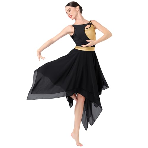 FYMNSI Damen Modern Lyrisches Kleid Ballett Tanz Kost�m Asymmetrisch High-Low Chiffon Rock �rmellos Leotard Gymnastik Tanzbekleidung Latein Rumba Tango Ballsaal Kleidung Schwarz L von FYMNSI
