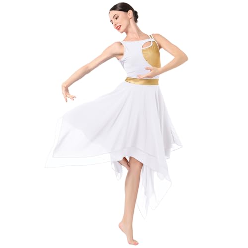 FYMNSI Damen Modern Lyrisches Kleid Ballett Tanz Kost�m Asymmetrisch High-Low Chiffon Rock �rmellos Leotard Gymnastik Tanzbekleidung Latein Rumba Tango Ballsaal Kleidung Wei� L von FYMNSI