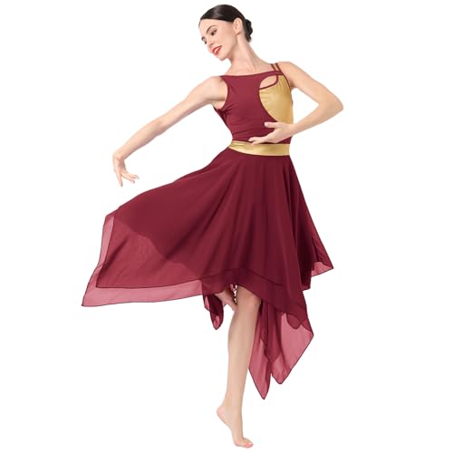 FYMNSI Damen Modern Lyrisches Kleid Ballett Tanz Kost�m Asymmetrisch High-Low Chiffon Rock �rmellos Leotard Gymnastik Tanzbekleidung Latein Rumba Tango Ballsaal Kleidung Weinrot M von FYMNSI