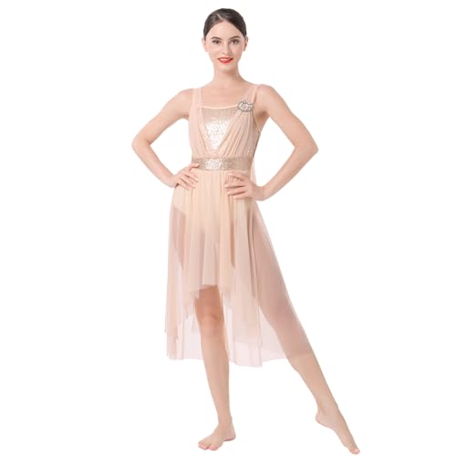 FYMNSI Damen Modern Lyrisches Kleid Zeitgenössischer Tanz Kostüm Pailletten Asymmetrisch Tüllkleid Ärmellos Leotard Gymnastik Tanzbekleidung für Ballett Latein Rumba Tango Ballsaal Champagner S von FYMNSI