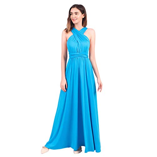 FYMNSI Damen Multiway Lange Abendkleid Hochzeit Brautjungfernkleid Bodenlang Partykleid Cocktailkleid Wickelkleid V-Ausschnitt Festlich Kleid Rückenfrei Neckholder Maxikleid Sommer Strandkleid Blau XL von FYMNSI