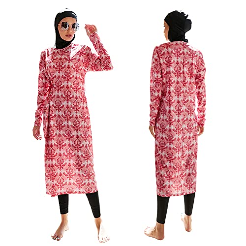 FYMNSI Damen Muslimische Badeanzüge Bescheidene Bademode Burkini Ganzkörper Islamisch Arabisch Schwimmkostüm Langarm Kleid Leggings Hijab Set Modest Full Cover Muslim Badebekleidung Rot Blumen XL von FYMNSI