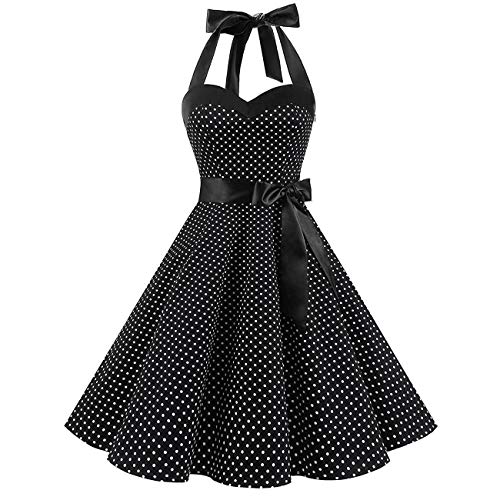 FYMNSI Damen Neckholder 1950er Vintage Retro Gepunkte Rockabilly Kleider Petticoat Faltenrock Cocktail Festliche Festkleid Midi Abendkleider Elegant f?r Hochzeit Brautjungfernkleider Schwarz XL von FYMNSI