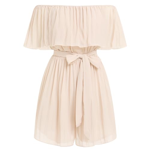FYMNSI Damen Off Shoulder Jumpsuit Schulterfreier Chiffon Jumpsuit Kurz Playsuit Overall mit G�rtel R�schen Plissee Elegant Mini Playsuit Boho Strand Rompers Bodysuit Strampler Partykleid Aprikose XL von FYMNSI